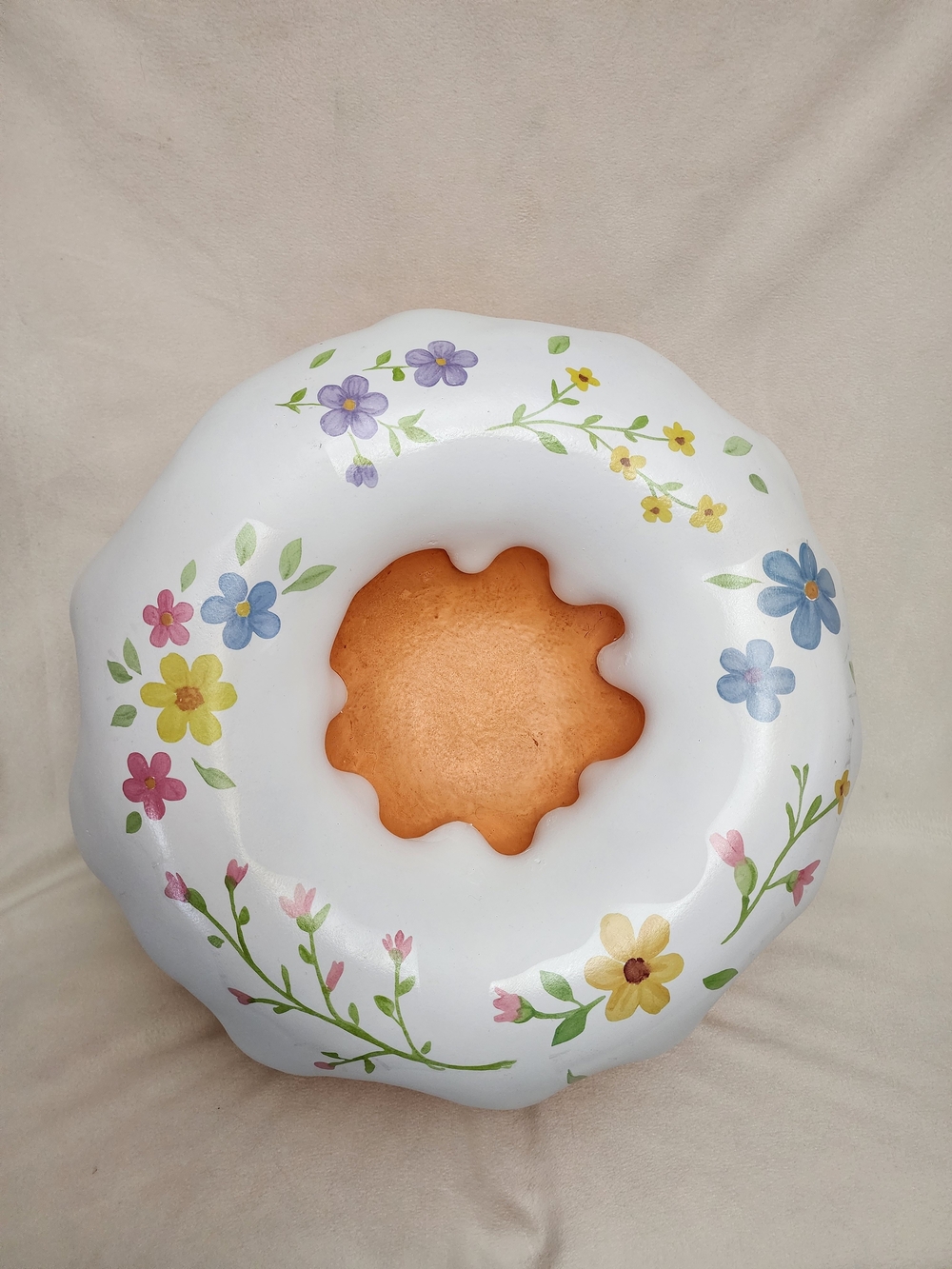 Hand-Painted White Floral Donut Decorative STOOL 11" Inches Tall 19" Inches Wide
